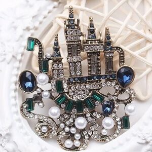 Pearls, Rhinestones Large Vintage, Gothic, Castle, Fairytale Brooch, Lapel Pin